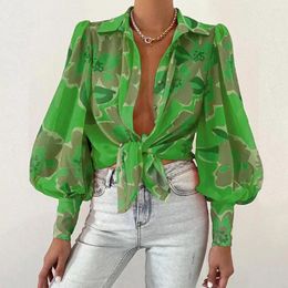 Women's Blouses Women Lapel Puff Long Sleeve Shirt Tops Flower Printing Single-breasted Loose Fit Thin Blouse Workwear