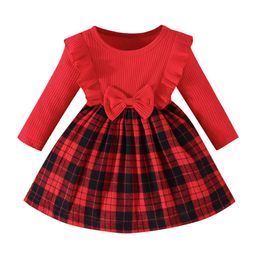 designer baby Girls baby plaid long sleeve dress bow Christmas skirt pit strip A-line dress