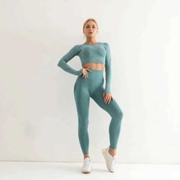 VG9M Kvinnors träningsdräkter Sömlösa Yoga Set Womens Sportwear Gymkläder Långärmad skörd Top midja Långben sportkläder 240424