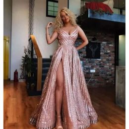 Sequins 2019 Spaghetti A Straps Line Long Prom Ruched Split Floor Length Formal Evening Dresses Bc0364