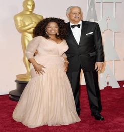 2018 Cheap Oprah Winfrey Oscar Celebrity Dresses plus size v neck sheath tulle with long sleeves Sweep Train Draped evening Dresse3342513