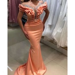 Crystal Beaded Prom Off Ruched Elegant Mermaid Dresses The Shoulder Long Satin Formal Ocn Dress For Women 2024 Empire Waist Slim Fit Sexy Evening Gowns