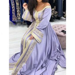 Kaftan kväll ärmar lila marockanska långa eleganta klänningar satin mariage formella festklänningar för kvinnor guldapplikationer pärlor en linje arabisk dubai prom abaya rabic baya