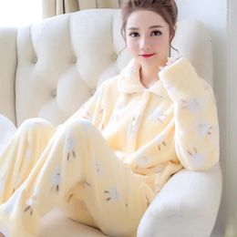 Women's Sleepwear Woman Winter Korean Style Plaid Pants Home Pijamas Clothes Flannel Suits Trouser Pyjamas Piece Two Tracksuit
