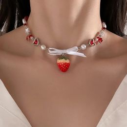 Necklaces Salircon Korean Cute Red Strawberry Pendant Collar Necklace Gothic Y2K Heart Shaped Imitation Pearl Chain Choker Trend Jewellery