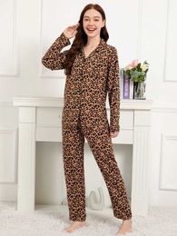 Women's Sleepwear Plus Size S-3XL Leopard Print Womens Home Clothes 2 Piece Sets Loose Long Slve Pajamas Female Casual 100% Viscose Slpwear Y240426