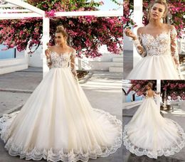 Eyecatching scalloped lace Applique romantic Wedding Gowns with long sleeves Champagne Bridal Dress with Illusion Back Gowns7531659