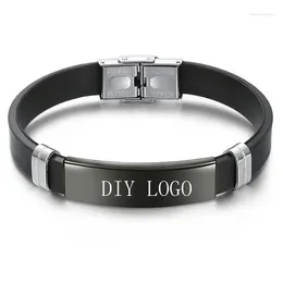 Charm Bracelets Customised Silicone Engrave Name Leather Bracelet For Men DIY Logo Black Stainless Steel Fashion Jewellery Drop