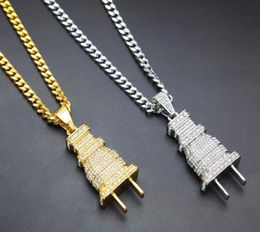 24K gold plated Iced Out Bling Men039s Plug Pendant Necklace Plated Charm Micro Pave Full Rhinestone Cuban Chain Hip Hop Jewelr1878352