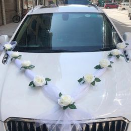Decorative Flowers White Artificial Rose Ribbons Wedding Car Decoration Bridesmaid Door Arrangement Handle Silk Hanging Fake