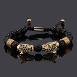 Beaded Luxury Black Stone Bead Mens Bracelet Leopard Head Charming Womens Couple Jewellery Valentines Day