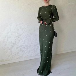 Casual Dresses 2024 Fashion Holiday Green Maxi Dress Women Vintage Floral Print Long With Belt Sexy Bohemian Elegant