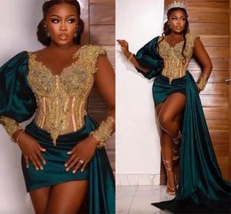 Gorgeous Gold Embroidery Lace Rhinestones Prom Dresses Aso Ebi Nigeria Black Women Formal Evening Gowns With Puff Sleeves Short Mini Tail Party Dress 0528