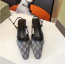 Dress Sandals Slingback high heels Lace up shallow cut shoes Sandals Mid Heel Black mesh with crystals sparkling Print shoes Leather Ankle Strap Women Slippers