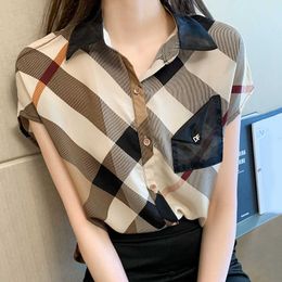 New designer Women Summer Shirts Chiffon Office Blouses Short Sleeve Polo-Neck Lattice Ladies Loose Temperament Tops Blusas Fashion