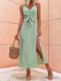 Basic Casual Dresses Summer Floral Print Long Dress Women Sexy Backless Bandage Slit Beach Sundresses Casual Elegant Black V Neck Sleeveless Dress