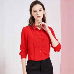 Women's Blouses Real Silk Boulses For Women High Quality 2024 Summer Red Nail Bead Floral Office Shirts Long Sleeve Casual Sexy Plus Size