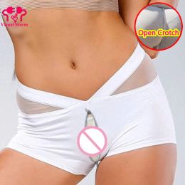Toys Woman Sexy Open Crotch Pants Mini Shorts with Double Hidden Zippers Transparent Hollow Out Crotchless Panties Couple Adult Toys