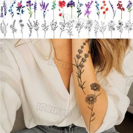 Tattoo Transfer Black Poppy Flower Temporary Tattoos For Women Kids Realistic Lavender Plum Waterproof Fake Tattoo Sticker Tattoo Arm Body 240426