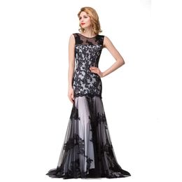In Stock New 2020 Sexy Sheer Tulle Sleeveless Mermaid Evening Dresses Black Lace Applique Formal Party Women Floor Length Prom Gowns Cps015