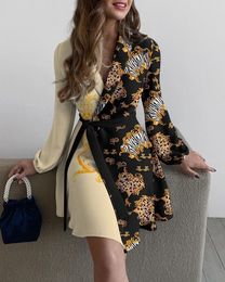 designer dresses Women Casual Dresses Spring and autumn floral print lapel V-neck long sleeve belted dress Clothing fashion elegance Clothes