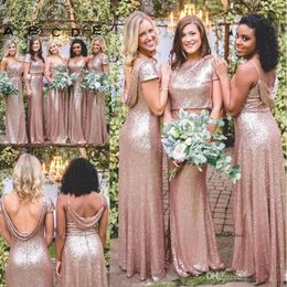 Sparkly Rose Gold Mermaid Dresses 2019 Billiga nya korta ärmar Backless Long Beach Sequins Maid of Honor Bridesmaid klänningar 2024