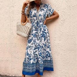 Casual Dresses Printed Maxi Dress Ethnic Style Floral Print V Neck With Lace-up Waist Women's Ankle