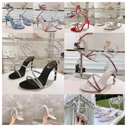 New Designer Rene Caovilla High Heel Sandals Fashion Rhinestone Decoration Luxury 9.5cm heels Womens Satin Snake Wrapped Butterfly Flower Open Toe Wedding Shoes