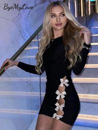 Casual Dresses ByeMyLove Side Bow Lace-up Dress Bodycon Women Long Sleeve Slim Hollow Out Female Party Autumn Solid