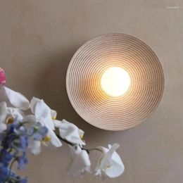 Wall Lamp Round Led Nordic Resin Light For Bedside Study Retro Japanese Wood Grain Decorative Art Home Decor