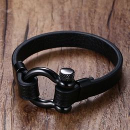 luxury-Mens Stainless Steel Screw Post Ancla Shackles Leather Bracelet in Black Nautical Sailor Surfer Bangle Wristband Male Jewel221R