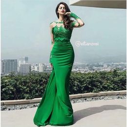 Mermaid Long Arabic Vestidos Sleeves Evening Dresses Formal Ocn Sheer Jewel Neck Green Lace Appliqued Stretch Elastic Satin Prom Gowns
