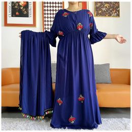 Ethnic Clothing Muslim Women Long Sleeve Dashiki Dress Solid Embroider Floral Boubou Maxi Islam Large Scarf African Clothes