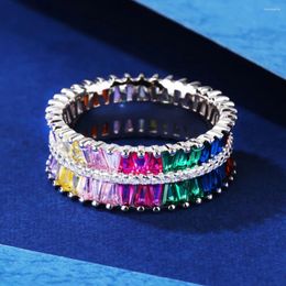 Cluster Rings 925 Silver Rainbow Women Colourful Row Diamond Ring Female Shiny 5A Zircon Advanced Design Luxury Jewellery Girl Gift Banquet