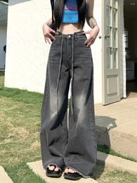 Women's Jeans QWEEK Y2K Vintage 90s Black Grunge Distressed Baggy Denim Pants Female Oversize Korean Style Retro Basic Wide Leg Trousers
