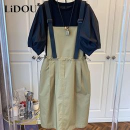 Party Dresses Summer Two Piece Set Solid Colour Round Neck Puff Sleeve Loose T-Shirts Casual Sling Waist Drawstring Pocket Midi Dress