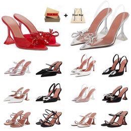 Sandals Heeled Shoes Dress Shoe Luxury Designer Satin High Amina Muaddi heel clear 9Cm Bow Crystal-Embellished Buckle Pointed pumps mules Toe Sunflower Pcv Sandal