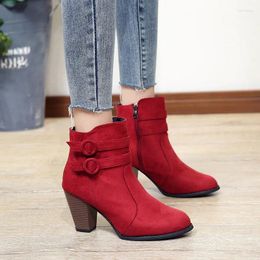 Boots Sexy Classic Double Buckle Woman Autumn Winter Shoes Women Sudes Heel Flock Short Ankle Keep Warm Casual