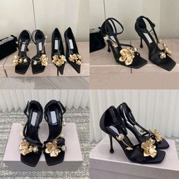 New Satin Flowers Stiletto Heel Sandal Ankle Strap Orchid Flower Decoration Series Sandals Pearl Designer Women's Party Dress Shoes Size with Box Original Quality
