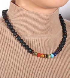 Women Men Natural Stone 7 Chakras Tiger Eye Stone Lava Rock Beads Necklace Alloy Buddha Head Charm Choker Neck Chain Jewelry5477852467267