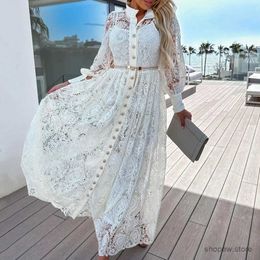 Basic Casual Dresses Women Sumer Holiday Long Dress Lapel Long Sleeve Hollow Out Embroidery Lace Shirt Dress Waist Tight Single Breasted Maxi Dress