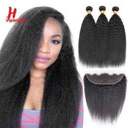 Wigs 2/3 Kinky Straight Bundles With Lace Front Brazilian 13x4 Lace Front With Bundles Remy Human Hair Weave Transparent Lace HairUGo