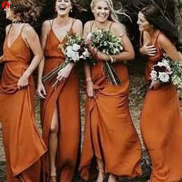 African Dresses Spaghetti Maid of Honor Dress Halter Top Sexy High Side Split Pleated Chiffon Satin Long Bridesmaid Party Wedding Guest Gowns WJY591 2024