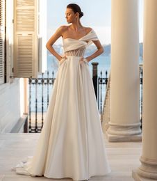 Long One Shoulder Wedding Dresses With Pockets A-Line Satin Sweep Train Vestido de novia Zipper Back Bridal Gowns for Women