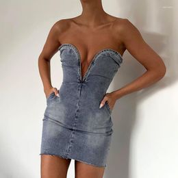 Casual Dresses Sexy V-neck Strapless Denim Dress Summer Elegant Tube Top