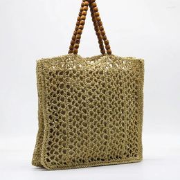 Evening Bags Summer Wood Bead Handle Straw Bag Fashion Hollow Women's Crochet Shoulder Casual Beach Large Tote Shopper Purse