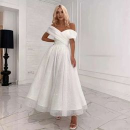 فساتين زفاف بريق خط قبالة أبيض تم ترقيته الكتف كاحل العفن ثوب الزفاف البسيط فستان العروس الأنيق 2024 NKLE