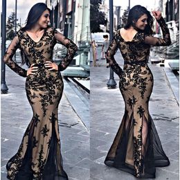 Lace Arabic Mermaid Evening V Neck Long Sleeves Tulle Applique Floor Length Formal Prom Party Dresses
