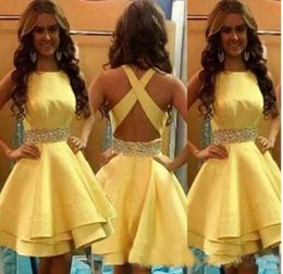 2019 Short Girls Party Dresses Yellow Satin Beading Sash Tiered Ruffle Cheap Skirt Mini Cocktail Homecoming Formal Gown42009837041182