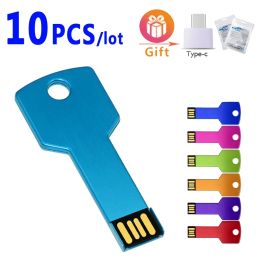 Drives 10pcs/lot Custom Logo Metal USB 2.0 Key Shape USB 4GB 8GB 16GB 32GB Pen Drive flash drive Memory Stick Pendrive 64GB for Gift